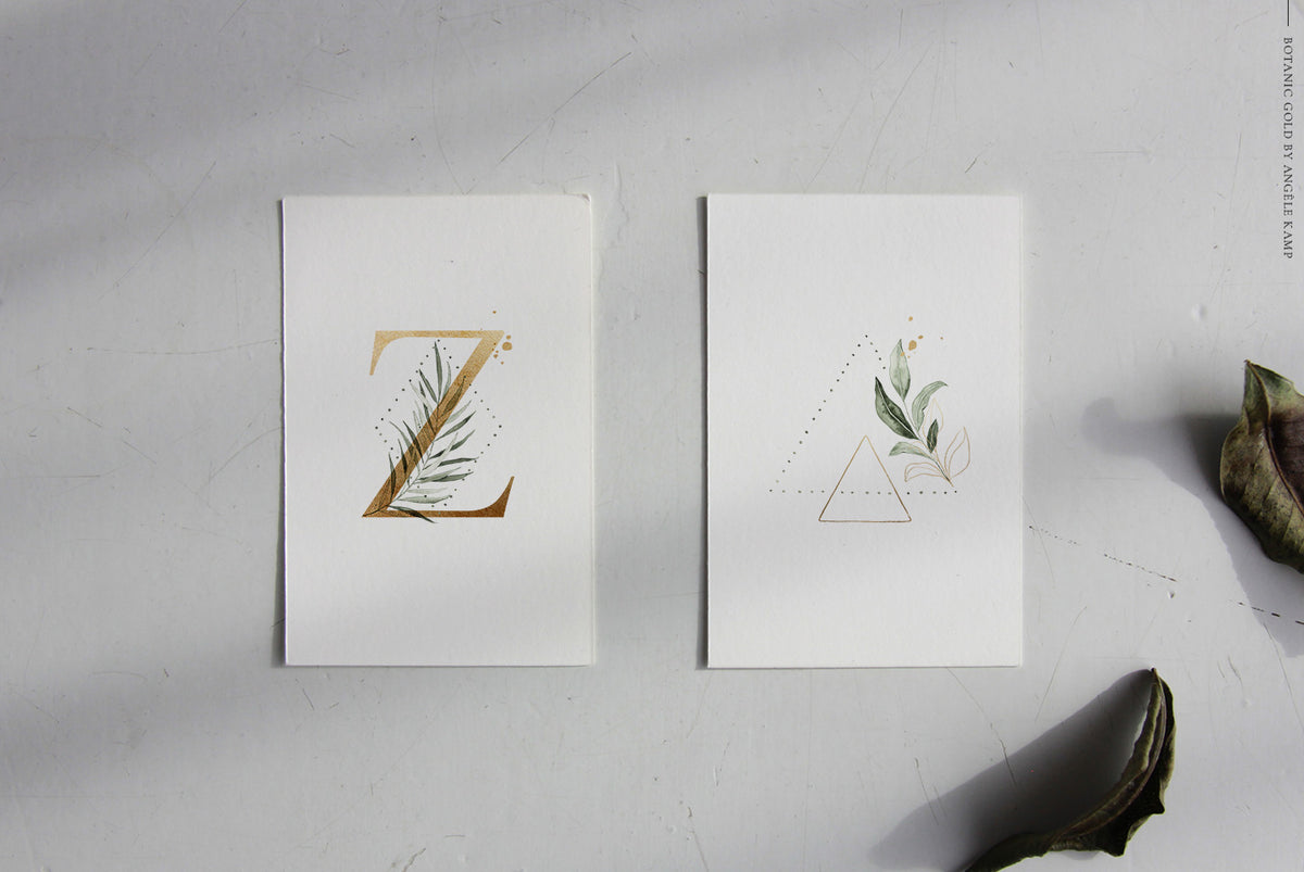 Botanic Gold watercolor alphabet by Angele Kamp