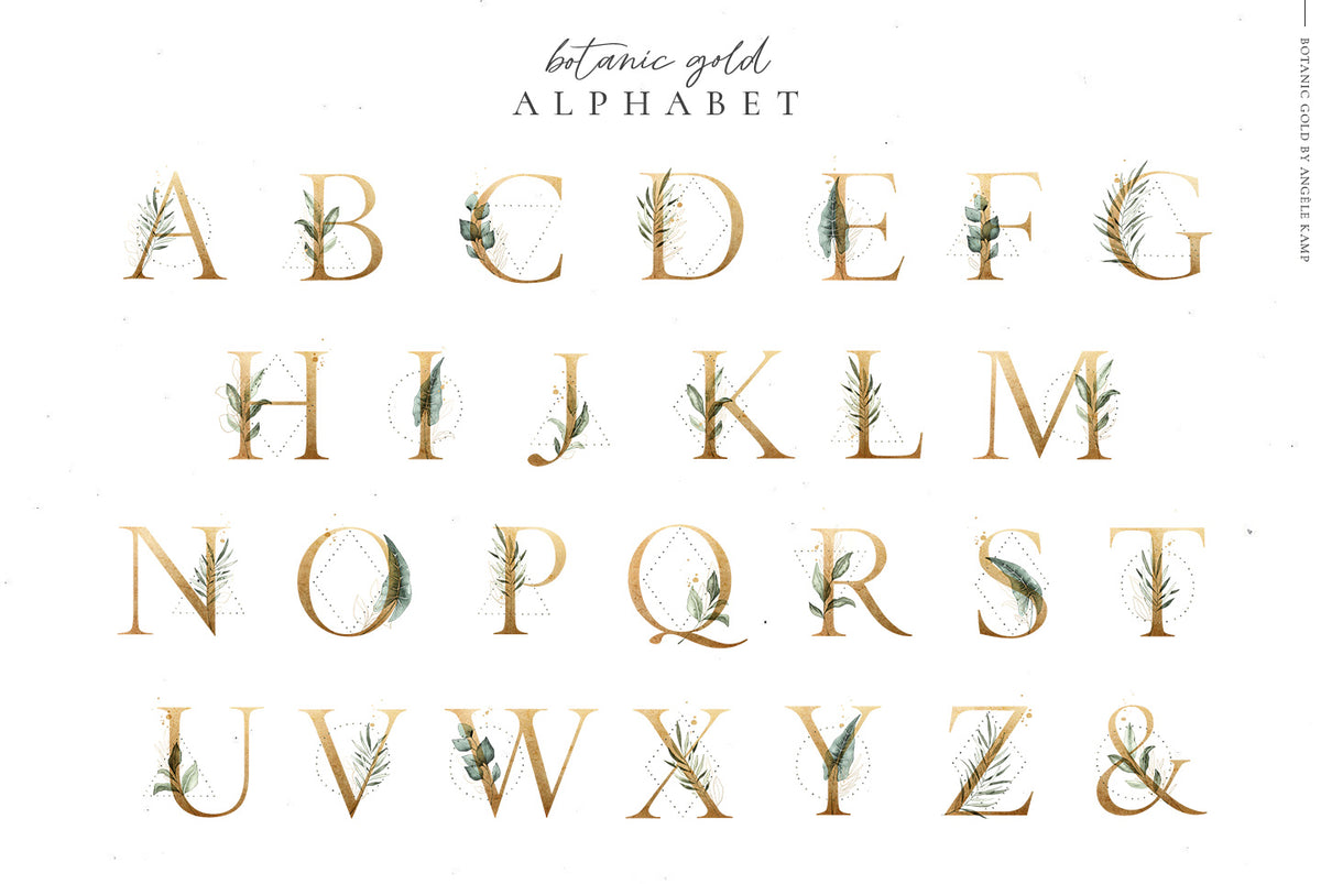 Botanic Gold watercolor alphabet by Angele Kamp